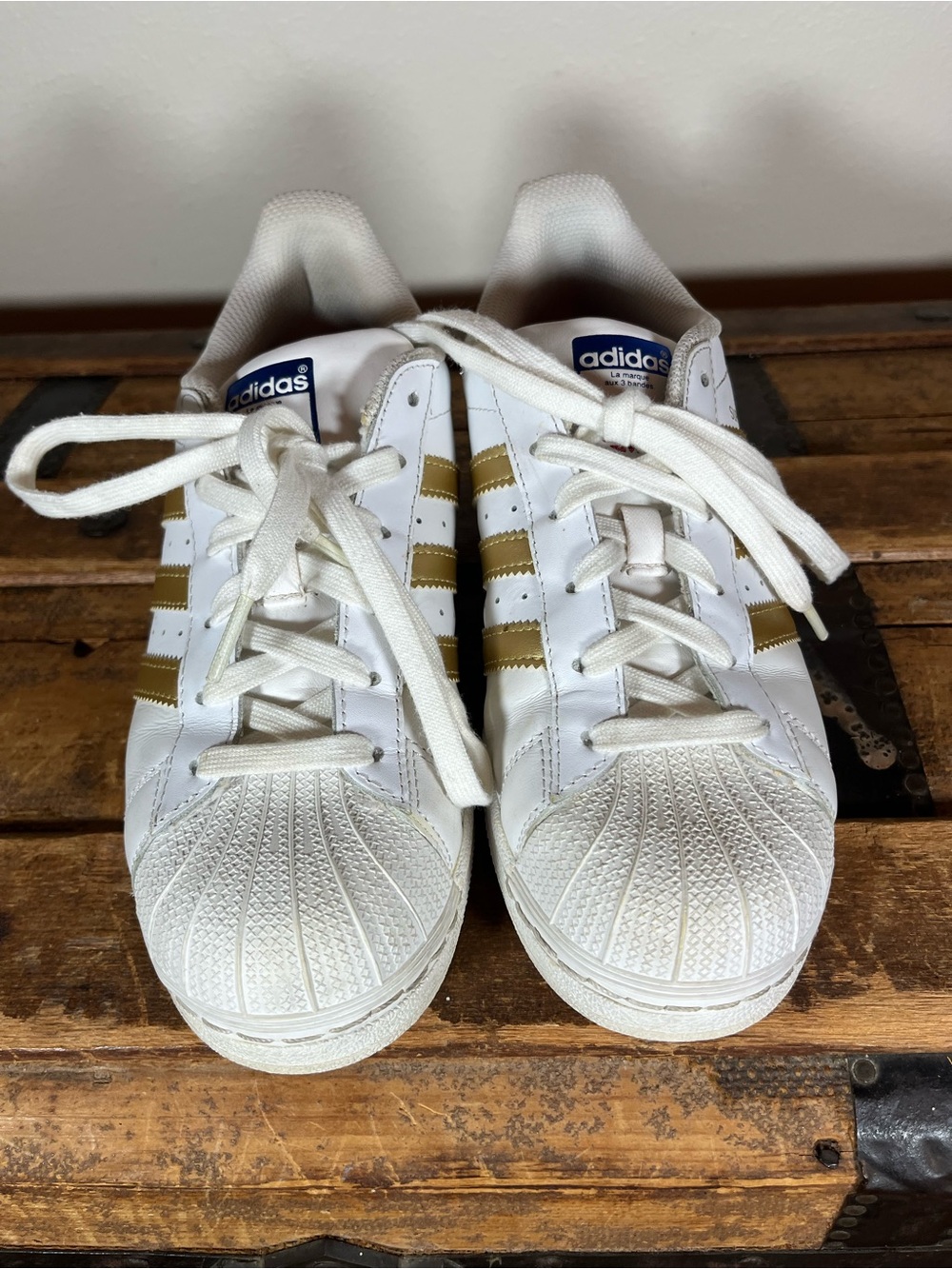 adidas Kids White Sneakers with Gold Stripes